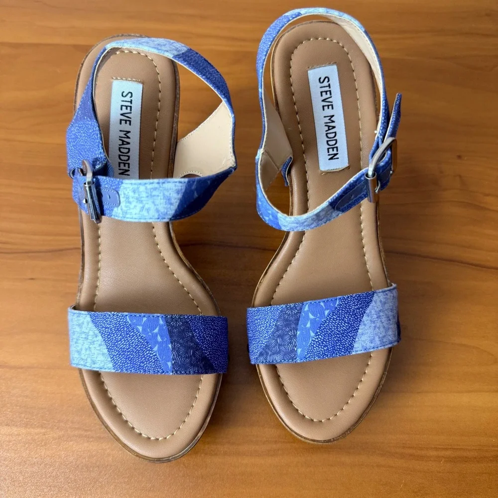 Steve Madden Womens Blue Patchwork Denim Platform Block Heel Sandals Size 6M